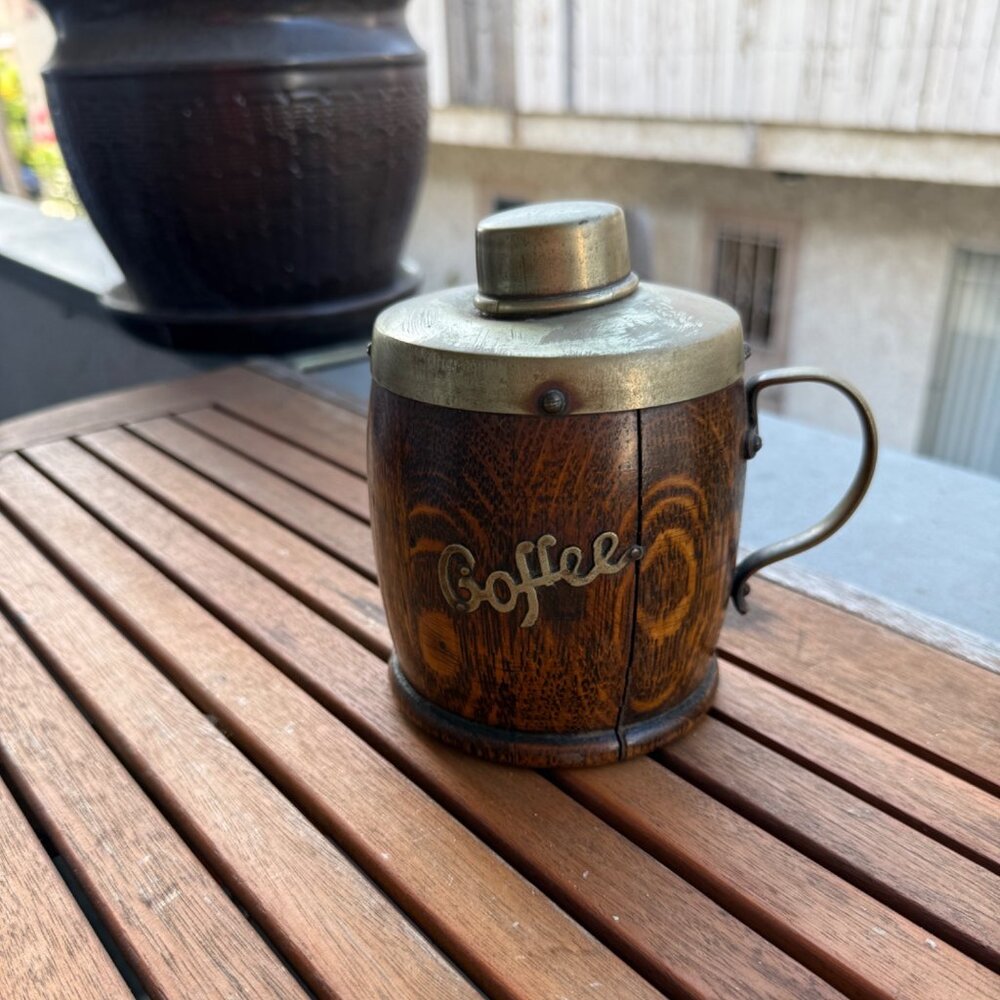 Antique Wooden & Brass Coffee Canister With Lid